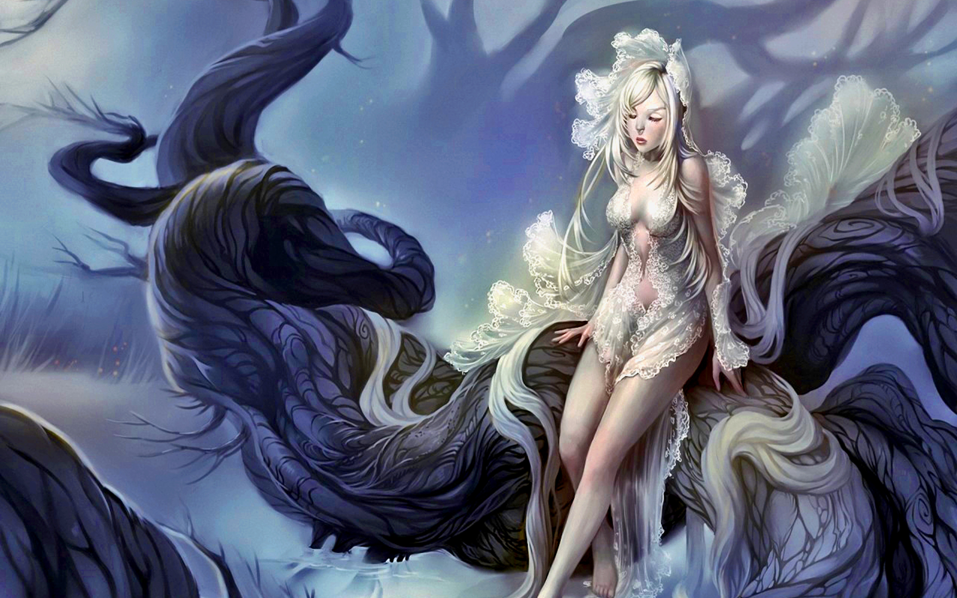 Ведьма с длинными волосами белые