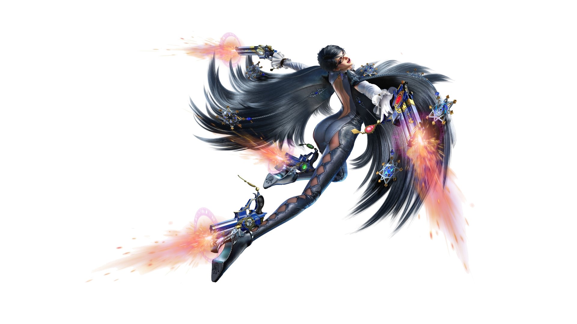 High-resolution 4K Ultra HD PC wallpaper featuring Bayonetta, a dynamic video game character, striking an action pose with guns and flowing hair against a white background.