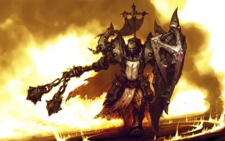 HD PC desktop wallpaper featuring the Crusader from the video game Diablo III: Reaper of Souls, showcasing the armored warrior in a fiery, dramatic battle stance.