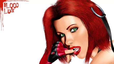 HD PC desktop wallpaper featuring Bloodrayne, a red-haired video game character with striking green eyes and a finger near her lips against a white background.