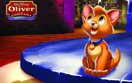 HD PC desktop wallpaper & background from the movie Oliver & Company: cheerful orange kitten Oliver sitting on a lit city curb at night with the film logo in the corner.