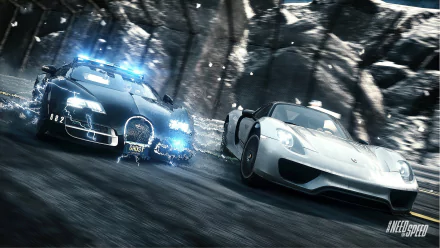 HD desktop wallpaper featuring a thrilling moment from Need For Speed: Rivals, showcasing a Porsche 918 Spyder racing against a Bugatti Veyron police car amidst a high-speed chase.