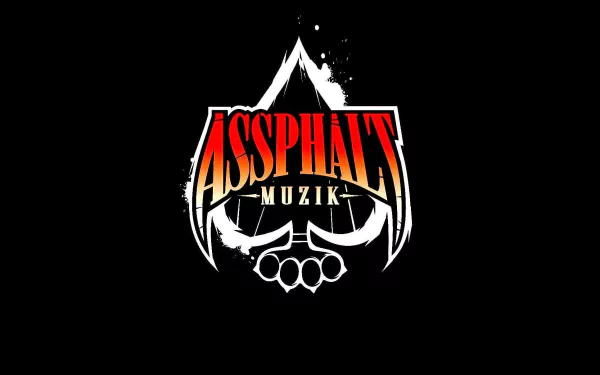 HD PC desktop wallpaper featuring the bold Asphalt Muzik logo with rap and music themes in striking red, white, and black colors.