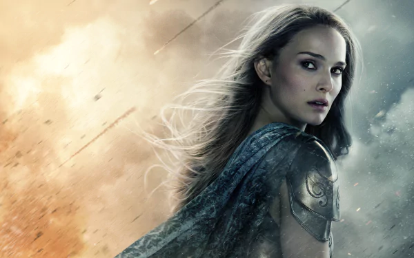 Natalie Portman as Jane Foster in a dramatic scene from Thor: The Dark World, showcasing her character's strength against a vivid backdrop of battle and chaos.