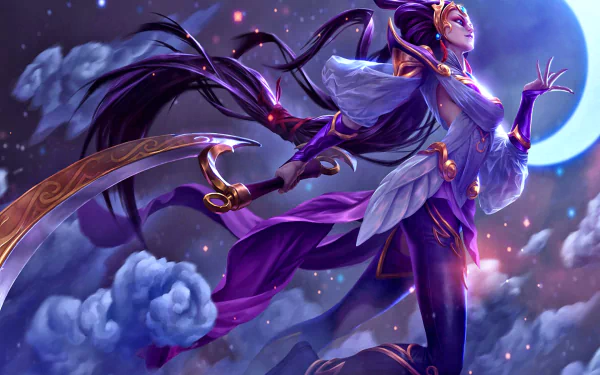HD desktop wallpaper of Diana from League of Legends, depicted as an Ascended Warrior from Targon, wielding a crescent blade under a moonlit sky.
