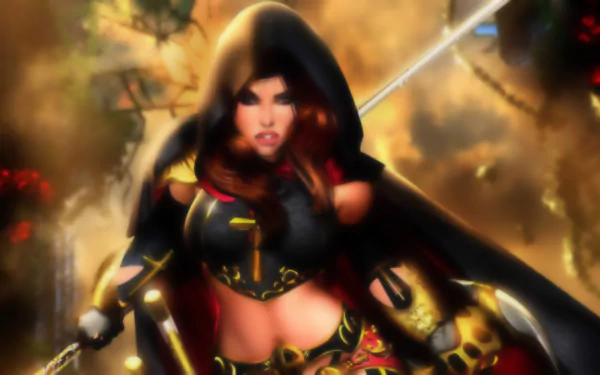 HD PC desktop wallpaper featuring Magdalena, a comic character, depicted with a fierce expression and dark hooded cloak in a dramatic, fiery background.
