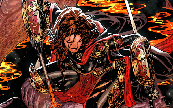 Comic — Magdalena (Comics): red-haired armored warrior kneels on rocky ground amid molten lava, wielding swords and ornate shields; 2K Quad HD PC desktop wallpaper and background.