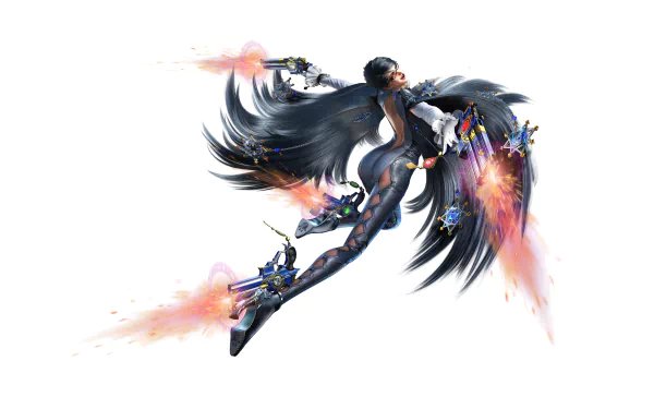 High-resolution 4K Ultra HD PC wallpaper featuring Bayonetta, a dynamic video game character, striking an action pose with guns and flowing hair against a white background.