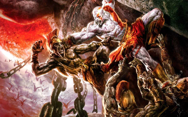 HD desktop wallpaper showcasing an intense battle scene from the video game God of War with characters engaged in fierce combat amidst a dramatic backdrop.
