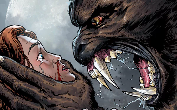 HD PC desktop wallpaper featuring intense comic scene from Ferals, showing a fierce beast confronting a fearful, injured woman under a full moon.