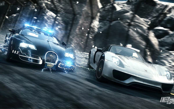 HD desktop wallpaper featuring a thrilling moment from Need For Speed: Rivals, showcasing a Porsche 918 Spyder racing against a Bugatti Veyron police car amidst a high-speed chase.