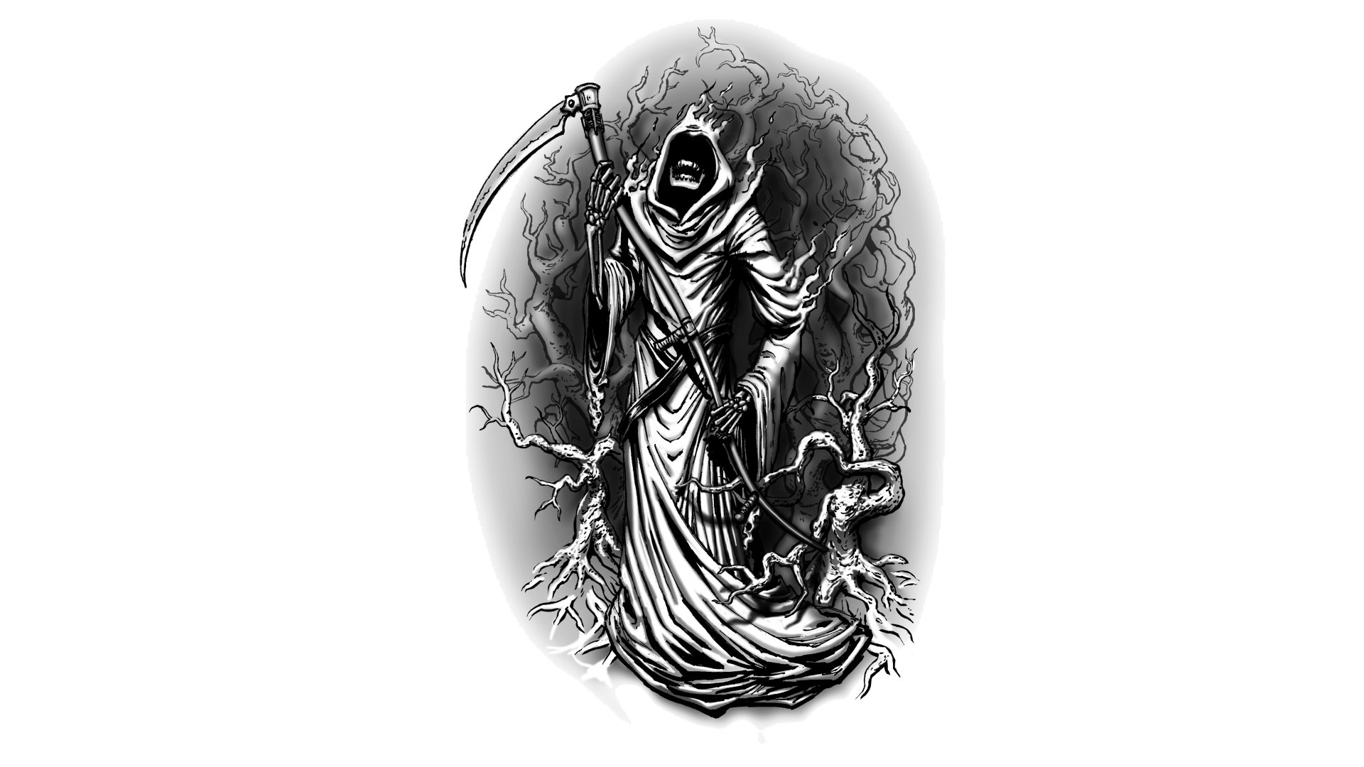 Dark monochrome illustration of a hooded grim reaper clutching a scythe amid gnarled roots and thorns — 5K Ultra HD PC desktop wallpaper and background.
