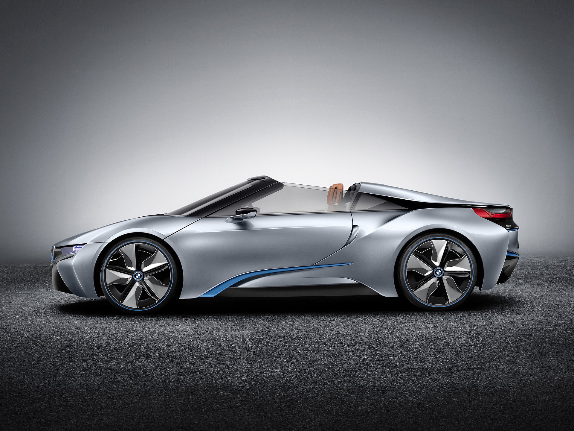 Silver BMW i8 Concept Spyder roadster, side profile on a neutral studio backdrop — HD PC desktop wallpaper.