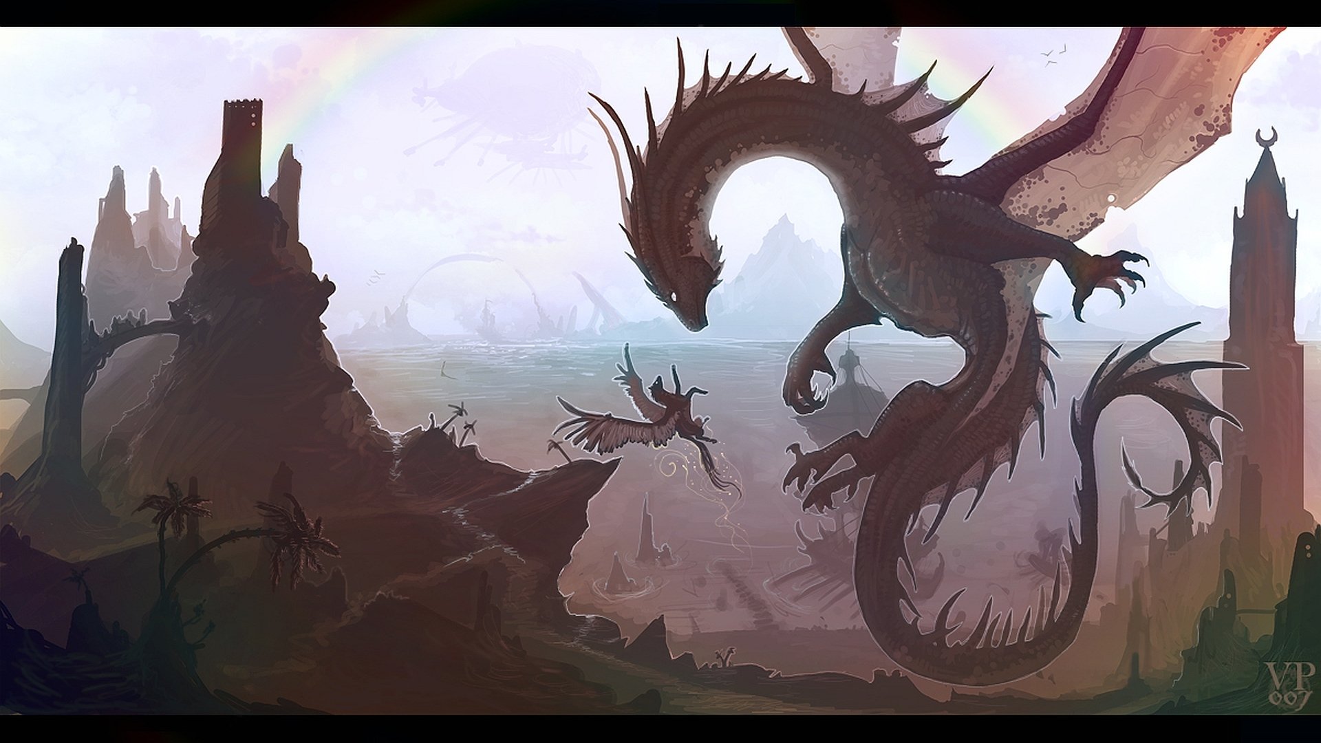 Fantasy dragon HD PC desktop wallpaper: a colossal serpentine dragon arches over misty coastal ruins, silhouetted towers and tiny figures on windswept cliffs.
