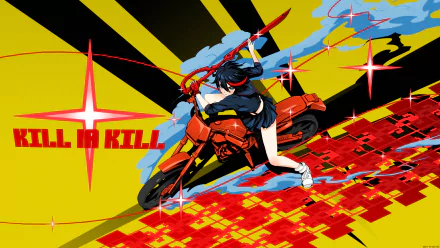 Ryūko Matoi from *Kill La Kill* strikes a dynamic pose on a motorcycle, set against a vibrant yellow background with bold graphics, making for a striking HD desktop wallpaper.