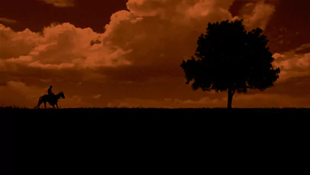 HD PC desktop wallpaper from the movie Unforgiven: a lone rider on horseback and a tree in silhouette against an orange sunset sky.