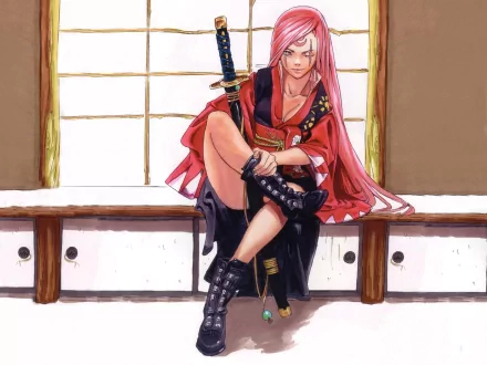 High-definition wallpaper featuring Baiken from the video game Guilty Gear, showcasing her iconic look as she poses confidently with a sword.