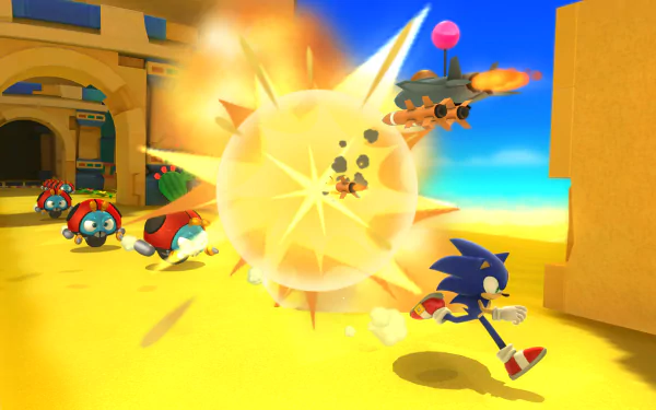 HD PC desktop wallpaper featuring Sonic from the video game Sonic Lost World, running through a bright, colorful environment with enemies and action effects.