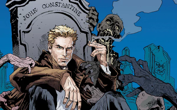 HD PC desktop wallpaper and background: comic art of Constantine (DC Comics) — John Constantine smoking in a blue-lit cemetery as undead hands claw from graves.