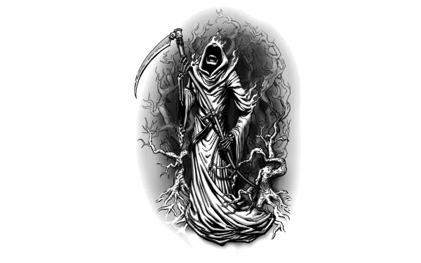 Dark monochrome illustration of a hooded grim reaper clutching a scythe amid gnarled roots and thorns — 5K Ultra HD PC desktop wallpaper and background.