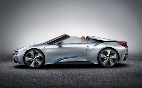 Silver BMW i8 Concept Spyder roadster, side profile on a neutral studio backdrop — HD PC desktop wallpaper.
