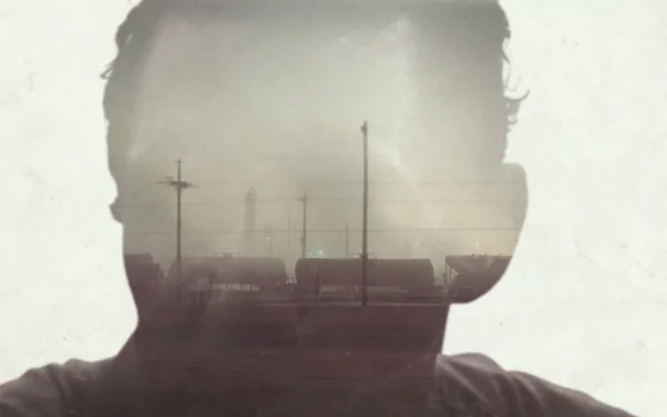 HD PC desktop wallpaper featuring a moody, double-exposure silhouette from the TV show True Detective with an industrial landscape in the background.