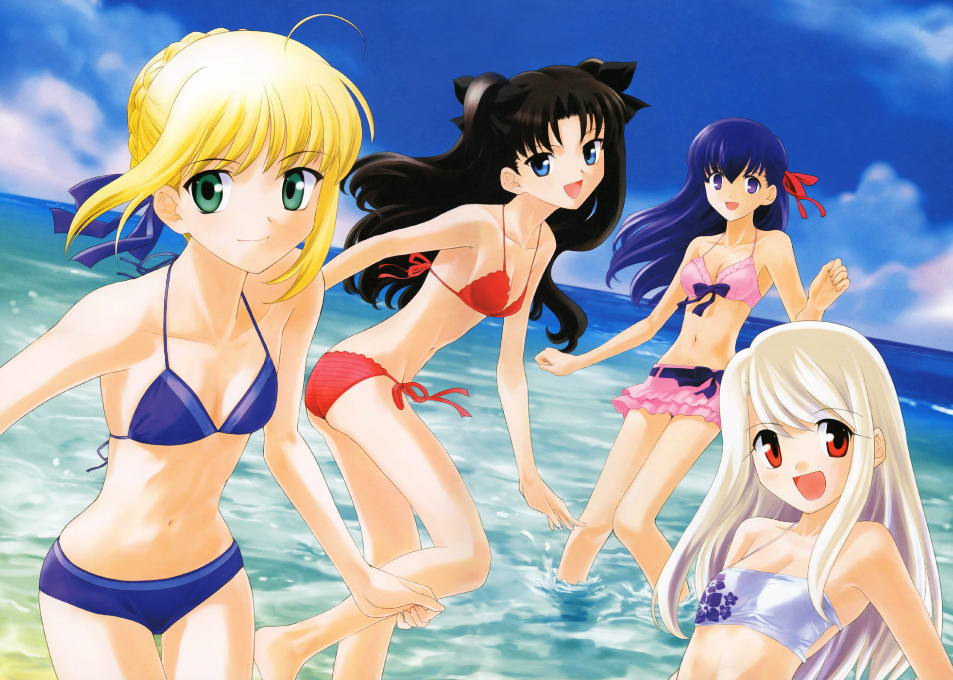 Mage quartet: Saber, Rin, Sakura, and Illyasviel, from the Fate Series, united in a captivating hd desktop wallpaper.