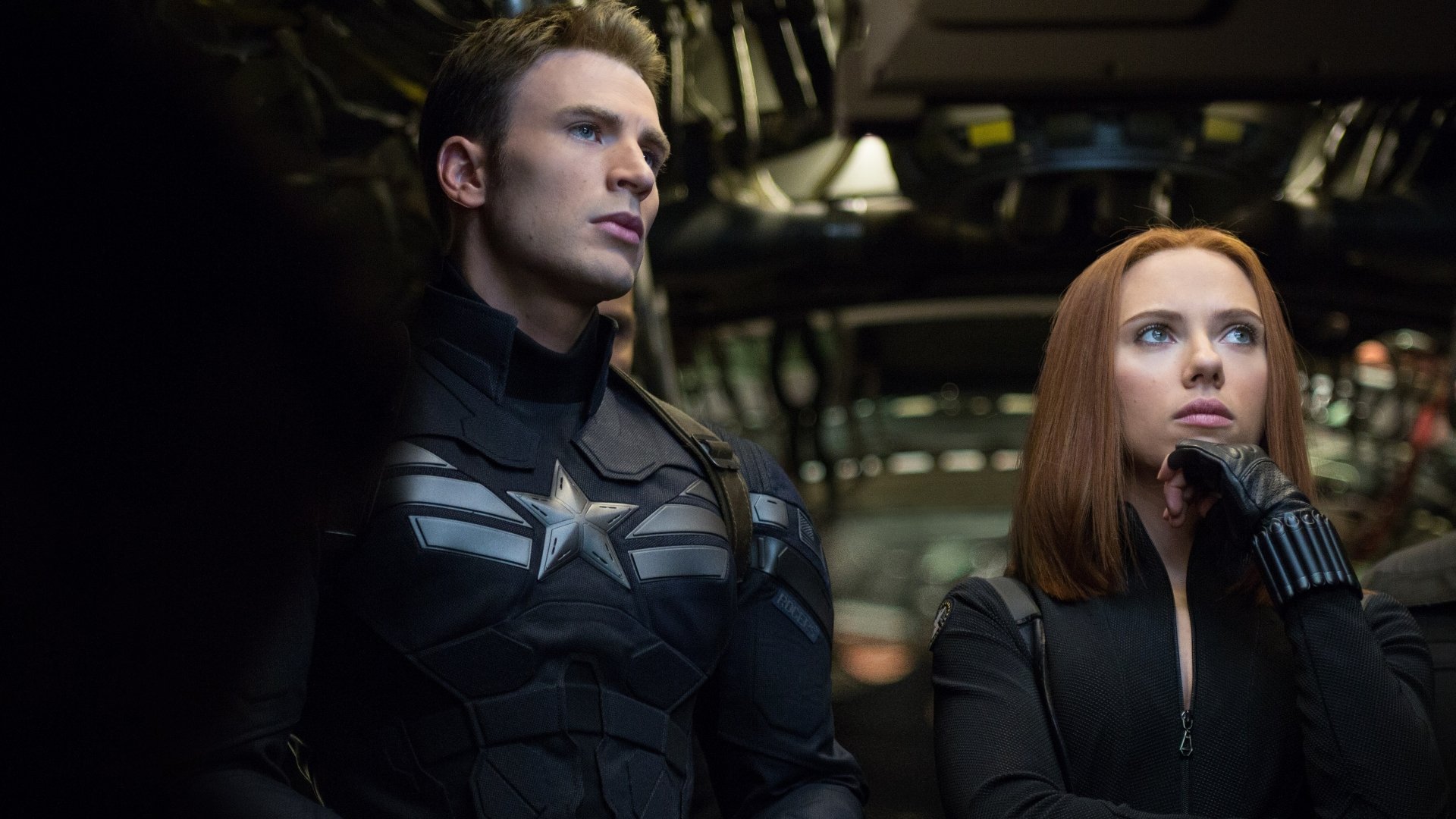 HD desktop wallpaper featuring Chris Evans as Captain America and Scarlett Johansson as Black Widow from the movie Captain America: The Winter Soldier.