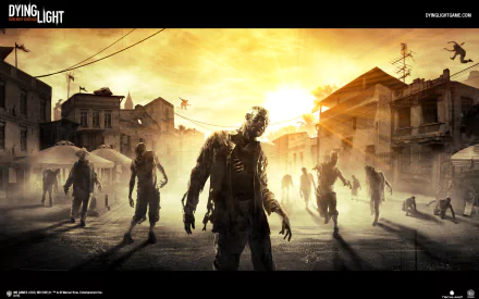 A haunting HD wallpaper from Dying Light, depicting a desolate cityscape with eerie zombies under a dramatic sunset, creating an intense atmosphere of survival and tension.