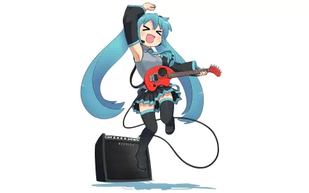 HD desktop wallpaper featuring Hatsune Miku, the popular Vocaloid, joyfully playing a guitar with an amplifier in the background. The anime character has blue hair and is mid-jump with a cheerful expression.