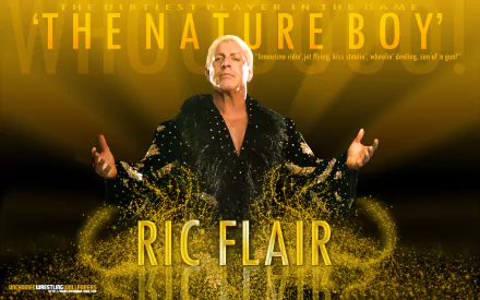 HD desktop wallpaper of a person with the text The Nature Boy Ric Flair in a dynamic golden background.