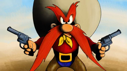 Yosemite Sam from the Looney Tunes TV show aims pistols fiercely, featured in an HD PC desktop wallpaper and background.