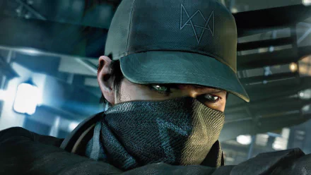 A high-definition desktop wallpaper featuring Aiden Pearce from the video game Watch Dogs, showcasing his iconic hat and masked visage in a captivating urban setting.