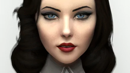 HD PC desktop wallpaper featuring a close-up of a female character from the video game BioShock Infinite: Burial at Sea with striking blue eyes and red lips.