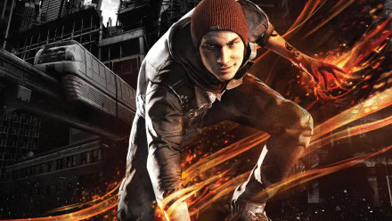 HD PC desktop wallpaper featuring a dynamic inFAMOUS: Second Son video game scene with the main character wielding fiery powers in an urban environment.