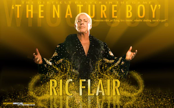 HD desktop wallpaper of a person with the text The Nature Boy Ric Flair in a dynamic golden background.