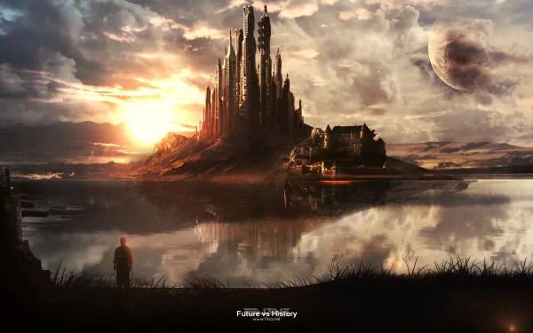 Sci-fi cityscape HD wallpaper featuring a futuristic city with towering spires at sunset, reflected in a calm lake, under a sky with a distant planet.