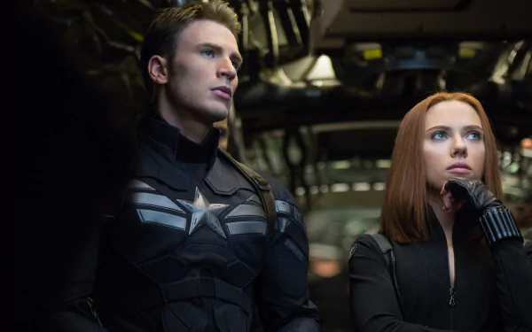 HD desktop wallpaper featuring Chris Evans as Captain America and Scarlett Johansson as Black Widow from the movie Captain America: The Winter Soldier.