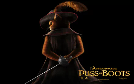 HD desktop wallpaper and background featuring a cat in a hat with a feather, back turned while holding a sword, from the movie Puss in Boots.