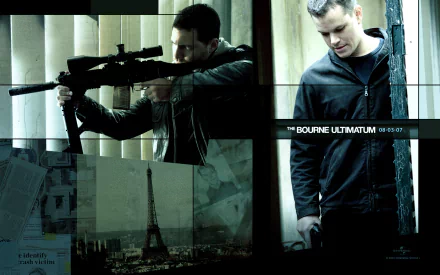 HD wallpaper of The Bourne Ultimatum featuring thematic scenes with the character, including a sniper pose.