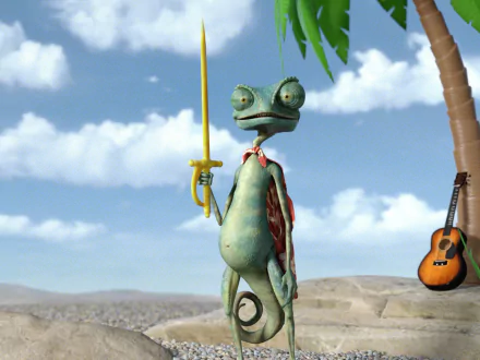 HD PC desktop wallpaper featuring Rango, the chameleon hero from the animated movie, standing confidently with a sword against a desert backdrop.