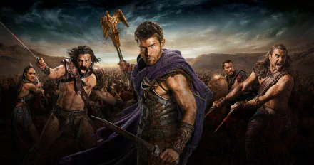 Spartacus TV show 4K Ultra HD PC desktop wallpaper and background: a battle-hardened gladiator in a purple cloak leads fierce, weapon-wielding warriors across a stormy battlefield.