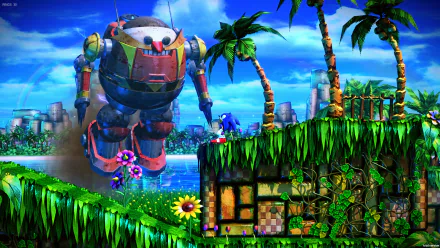 Sonic the Hedgehog races through a vibrant, lush environment while a giant robot looms in the background, showcasing a dynamic fan remix of this iconic video game. HD desktop wallpaper.