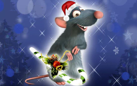 A cheerful gray rat wearing a Santa hat stands next to a candy cane decorated with holiday foliage, set against a sparkling blue background inspired by Ratatouille.