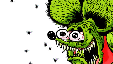 Funny Rat Fink character with wild eyes and sharp teeth surrounded by buzzing flies, rendered in vibrant detail as an 8K Ultra HD PC desktop wallpaper.