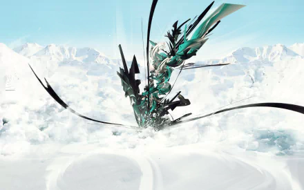 Abstract digital artwork resembling an avalanche with sharp, dynamic shapes emerging from snowy mountains, designed as an HD PC desktop wallpaper background.