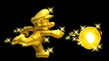 Golden Mario from New Super Mario Bros. launches a sparkling energy ball against a black background in this vibrant 4K Ultra HD PC desktop wallpaper.