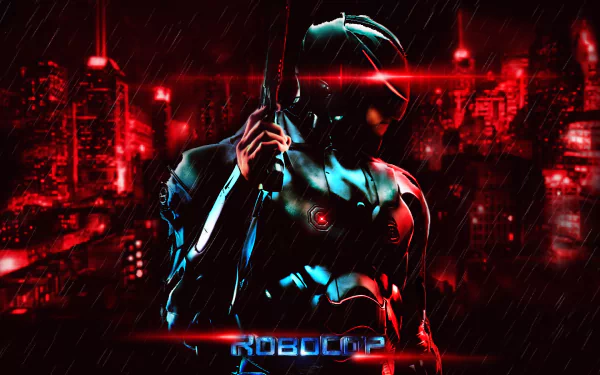 Futuristic RoboCop in dark armor holds a gun in the rain against a glowing red cyberpunk cityscape from the 2014 Robocop movie, rendered as an HD desktop wallpaper.