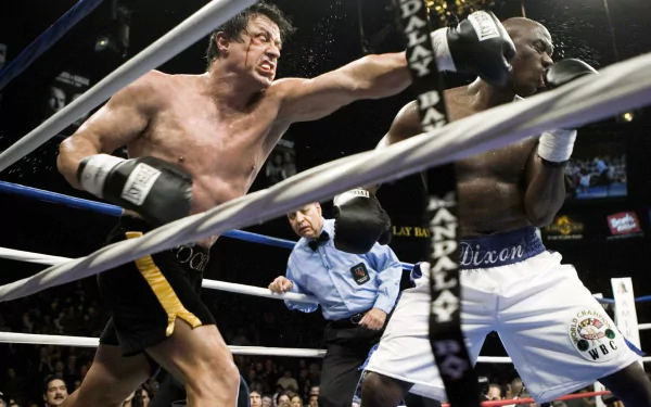 HD wallpaper of a scene from Rocky featuring Sylvester Stallone as Rocky Balboa in a boxing match, throwing a punch.