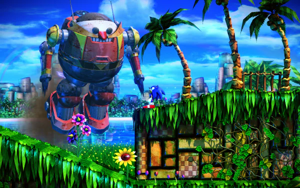 Sonic the Hedgehog races through a vibrant, lush environment while a giant robot looms in the background, showcasing a dynamic fan remix of this iconic video game. HD desktop wallpaper.
